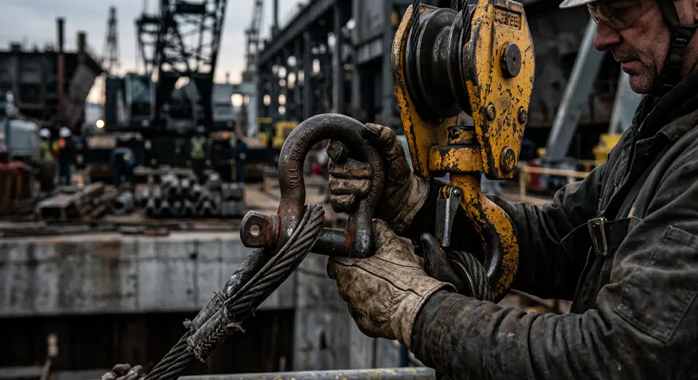 Rigger in work gloves inspecting shackles, wire rope slings, and a crane hook block